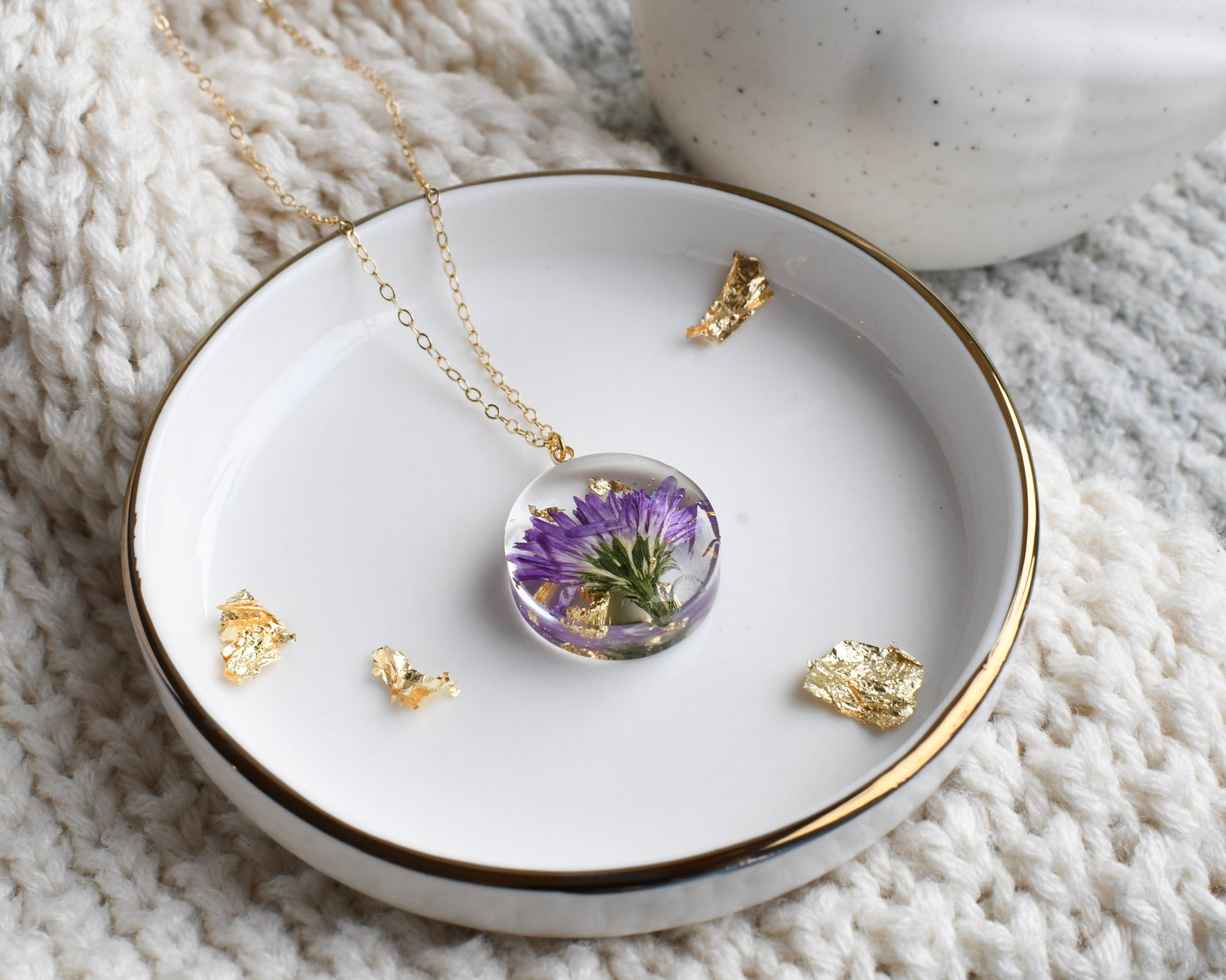 Aster birth flower necklace — resin pendant handmade by European artisans at Resity