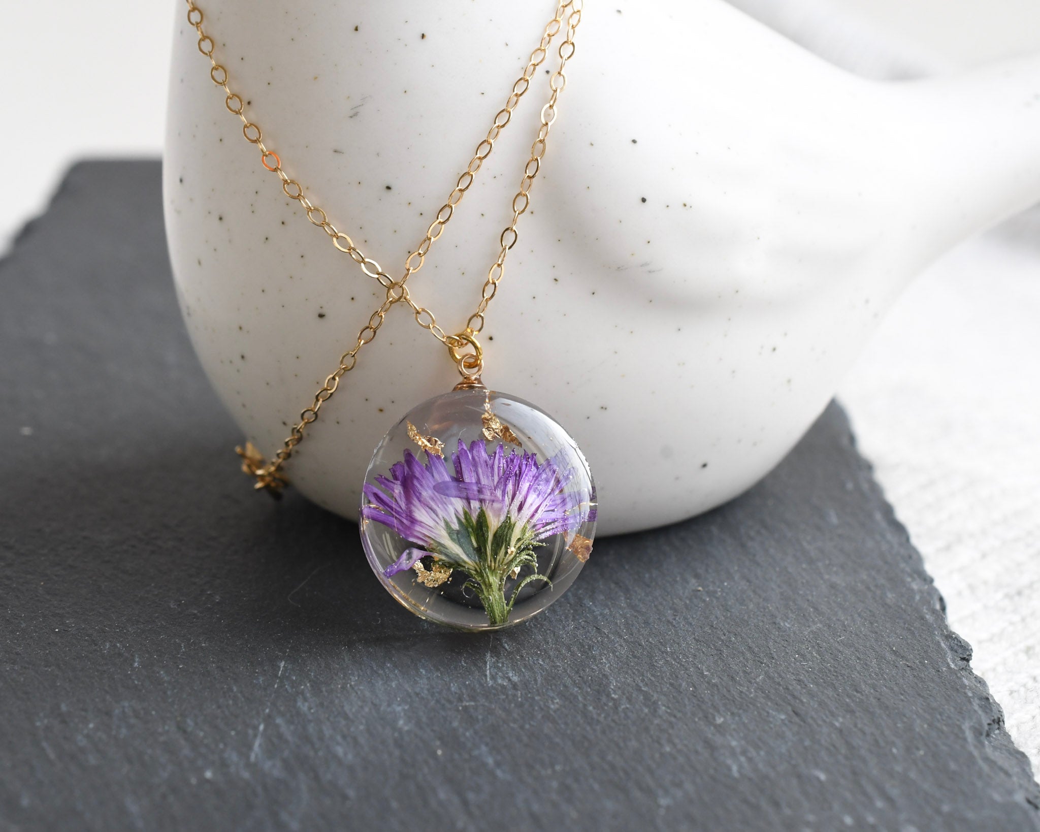 Aster flower round resin necklace with gold filled or sterling silver chain — handmade botanical jewelry