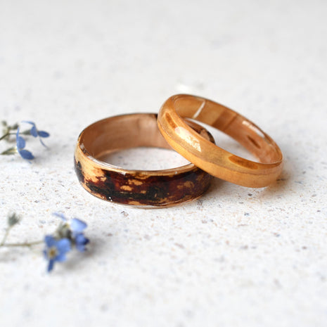 Real birch wood encased in clear resin — unique couples ring set for anniversaries