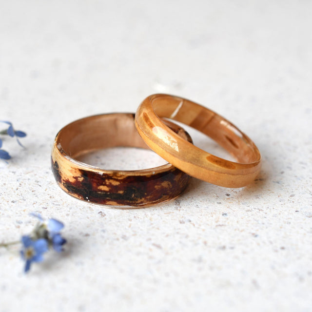 Side view of Birchwood Ring showing domed resin and organic wood inclusion