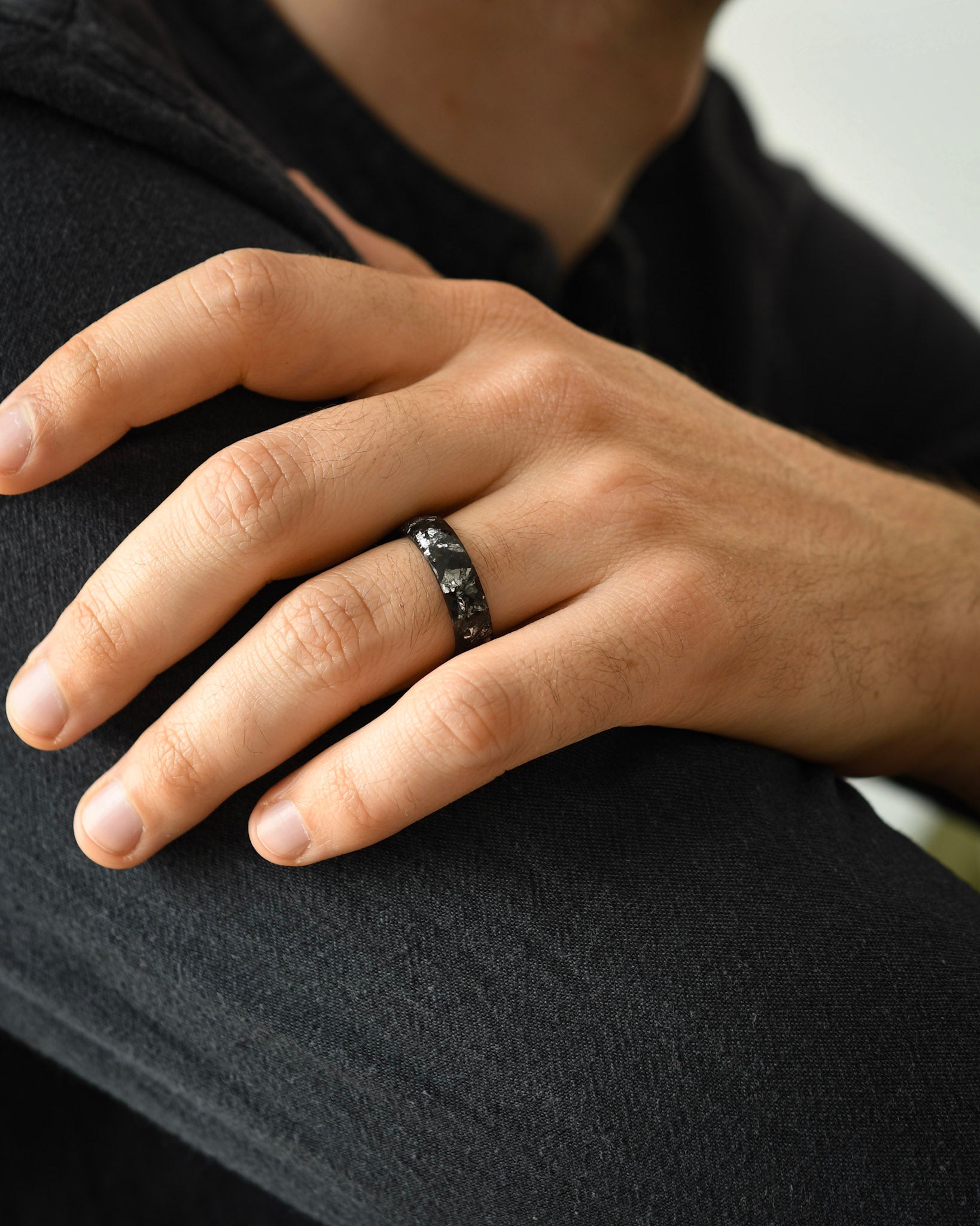 Contemporary black and silver ring for men