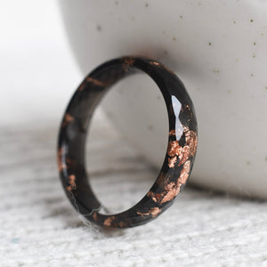 Obsidian Ember faceted black resin ring rose gold flakes