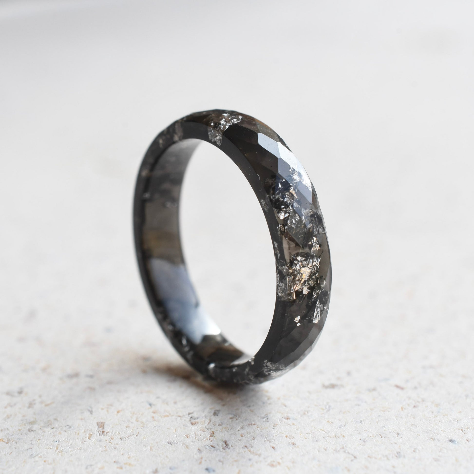Slim faceted black resin ring with silver leaf minimalist jewelry