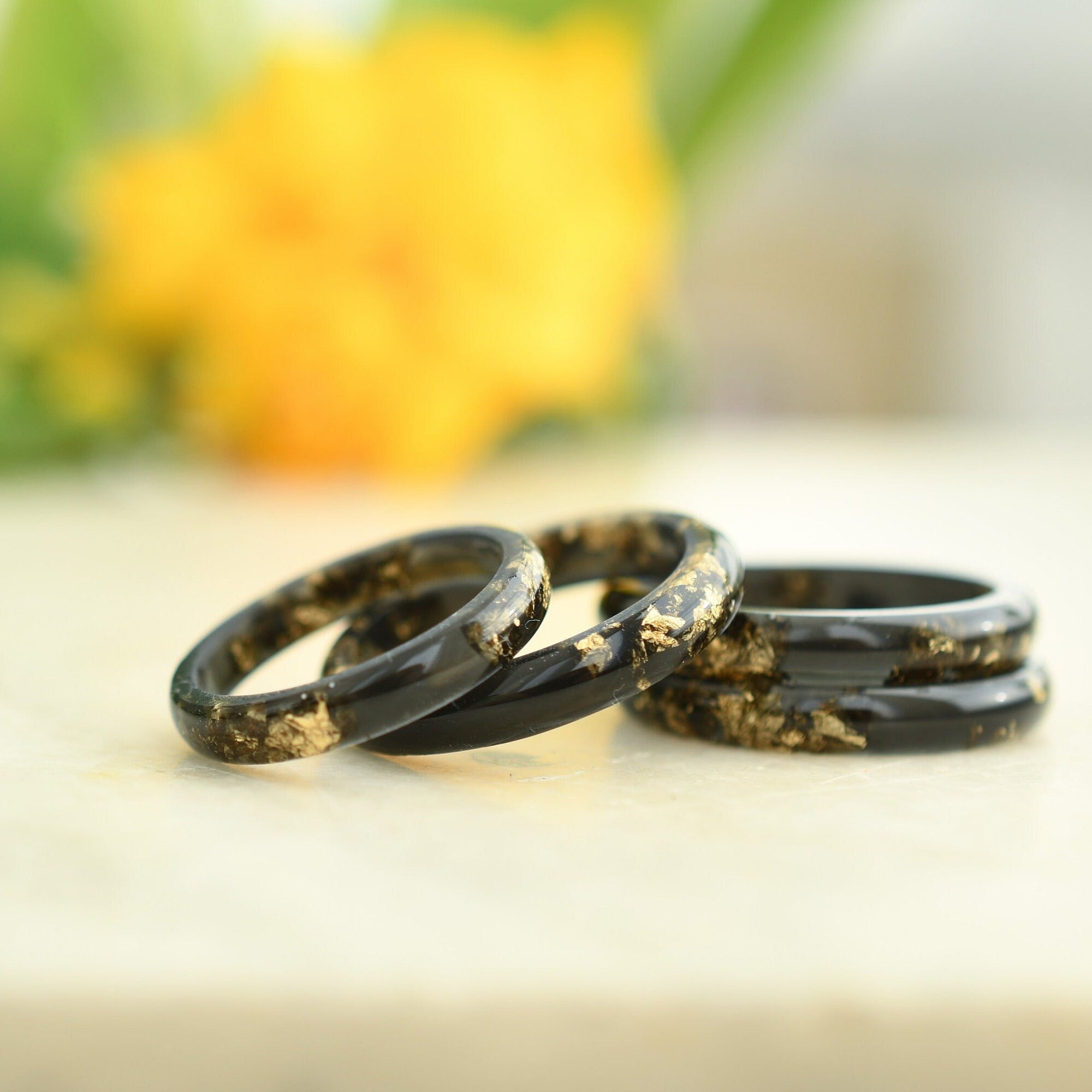 Unisex black resin ring with real gold leaf — handmade jewelry