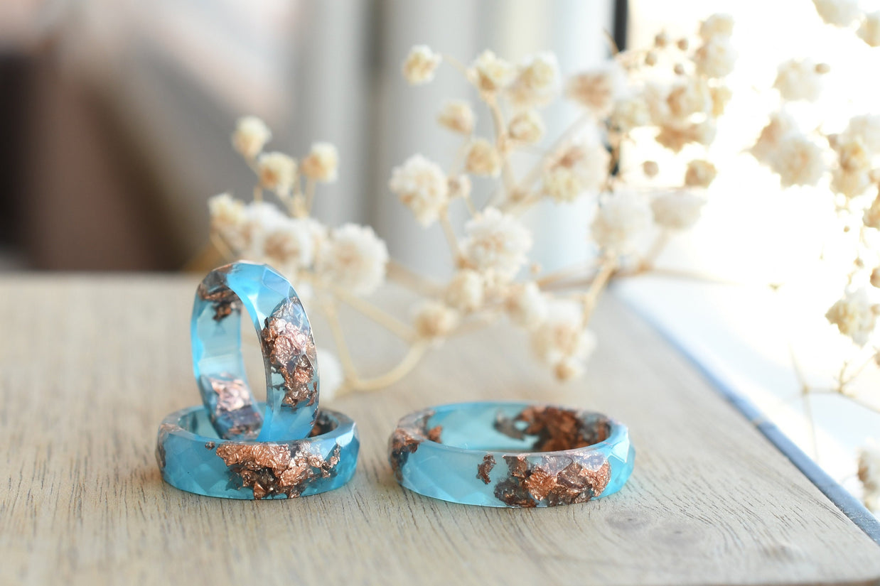 Side view of Blue Ember Ring showing clean lines and smooth resin surface