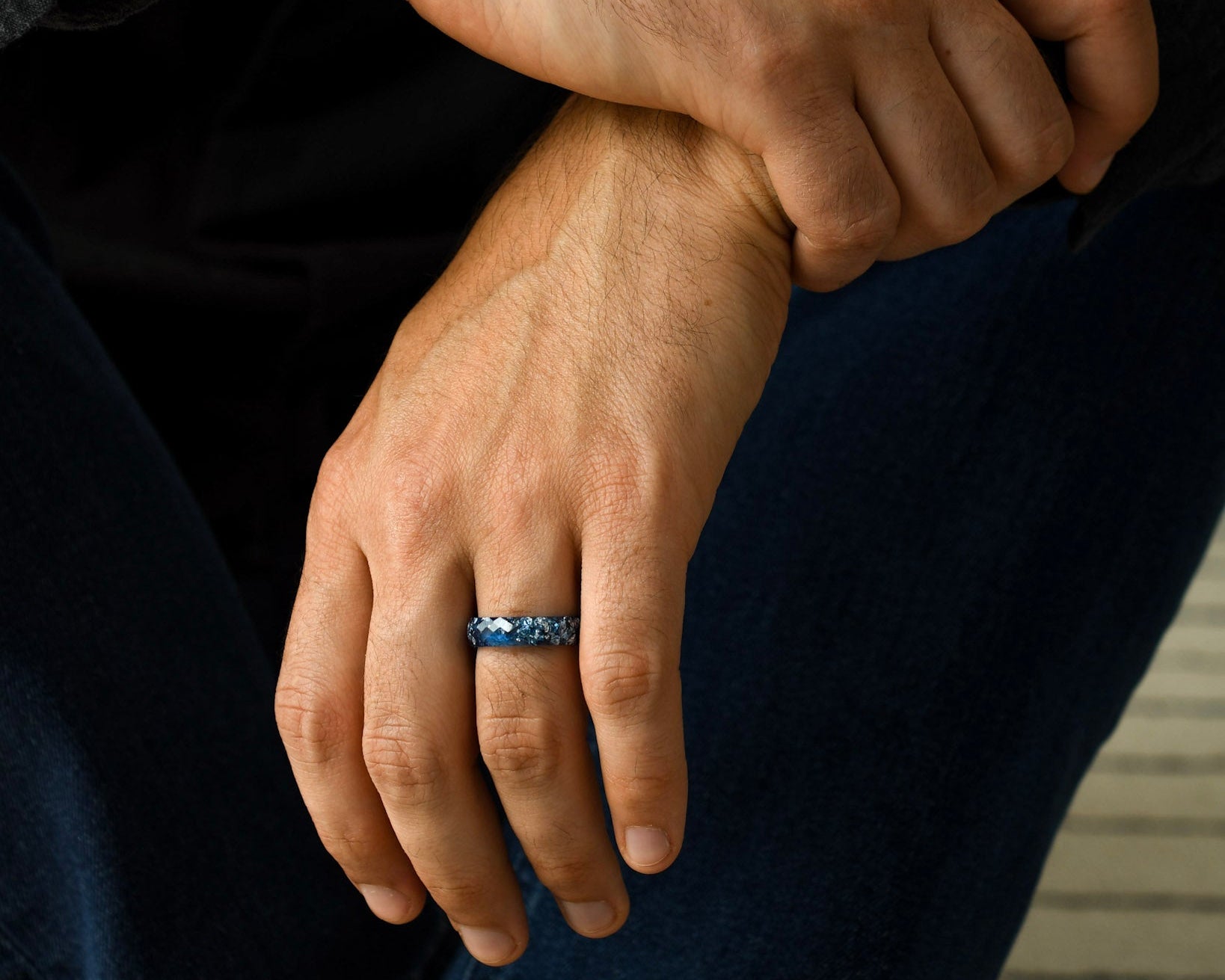 Minimalist navy blue mens band with metallic silver leaf modern geometric ring design