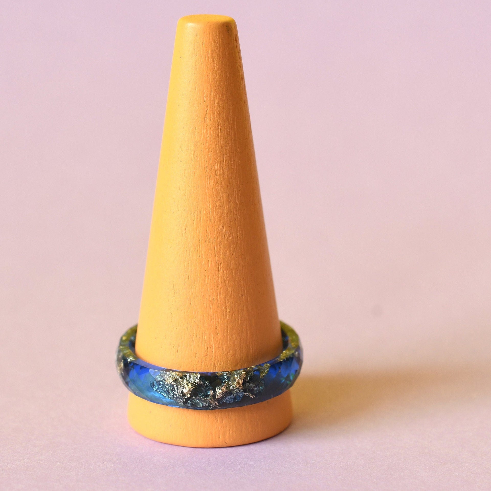 Thin sapphire resin ring with shimmering gold flakes — minimalist handmade jewelry