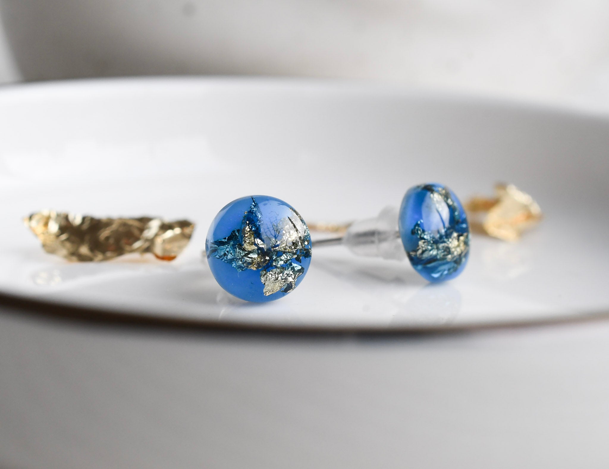 8 mm blue resin stud earrings with shimmering gold flakes — minimalist handmade jewelry