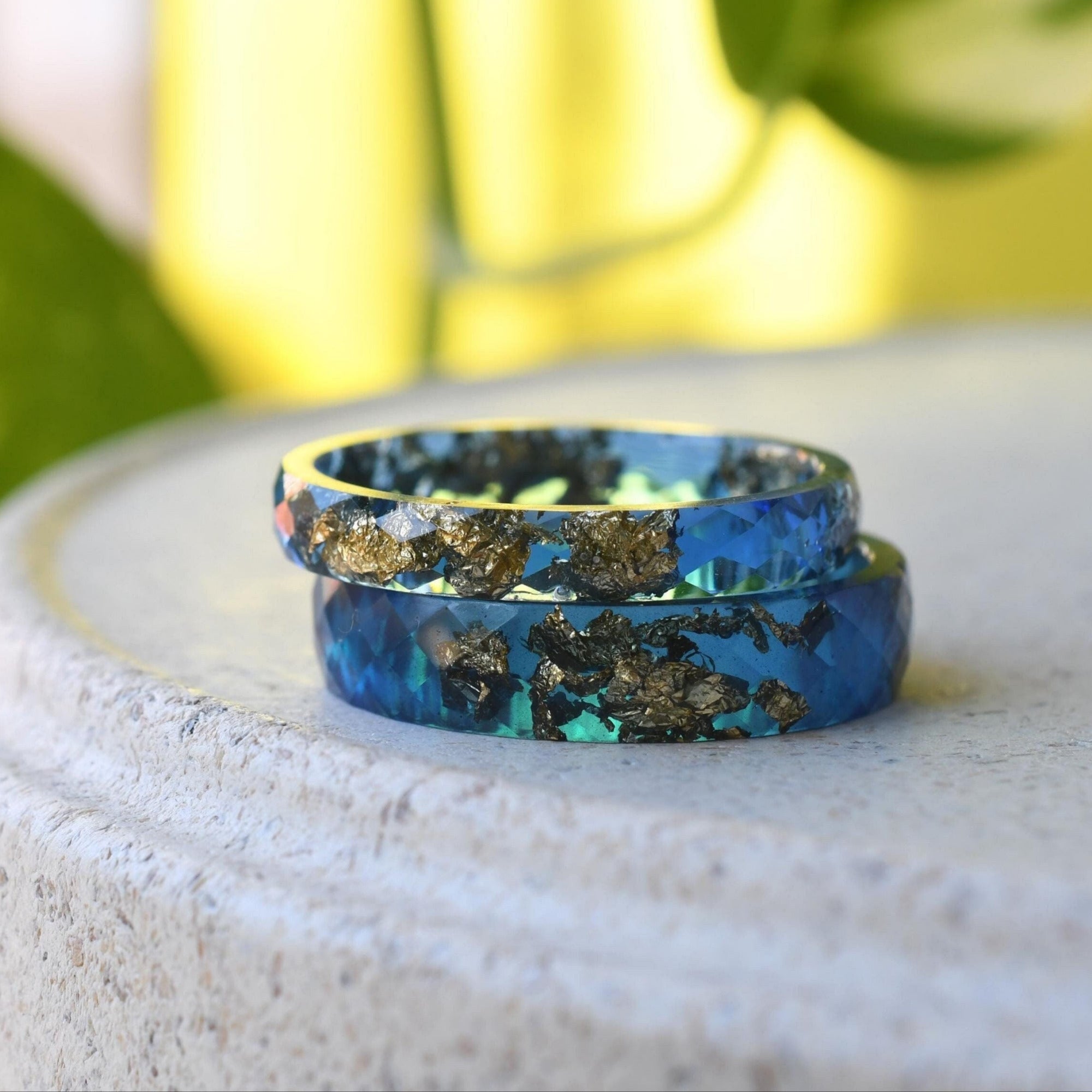 Faceted sapphire resin rings with real gold leaf — unisex couples jewelry
