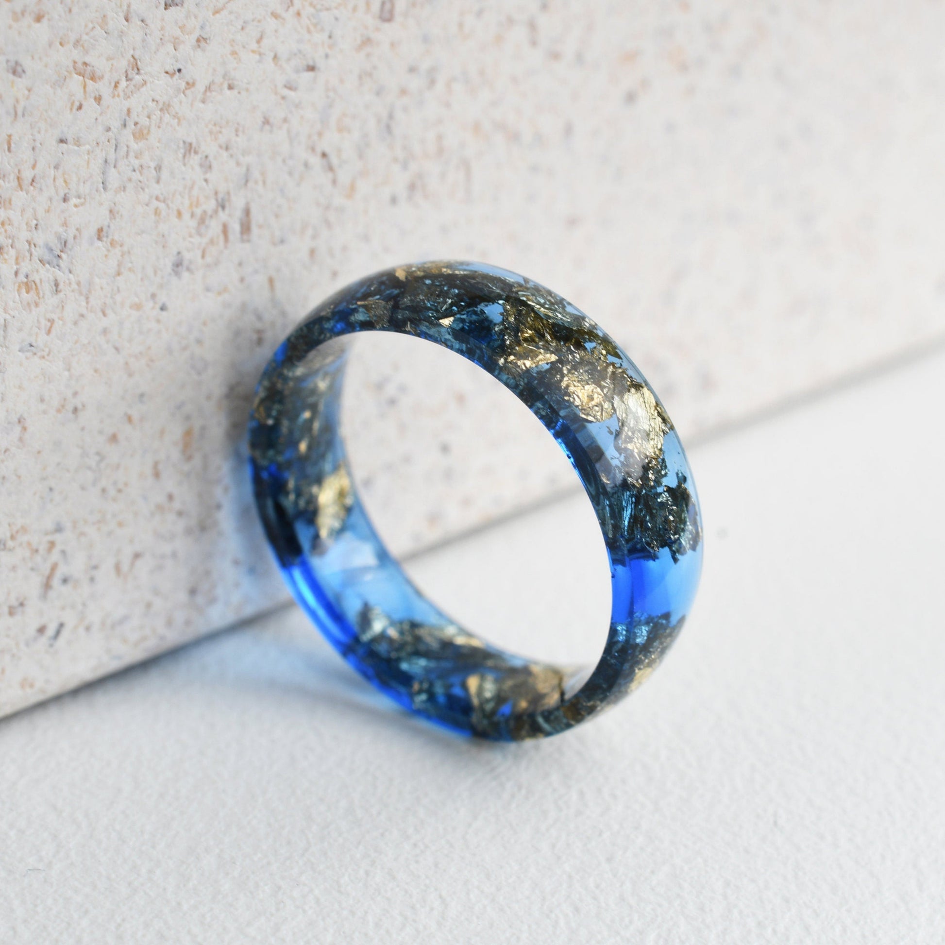 Smooth sapphire resin ring with real gold flakes — unisex jewelry