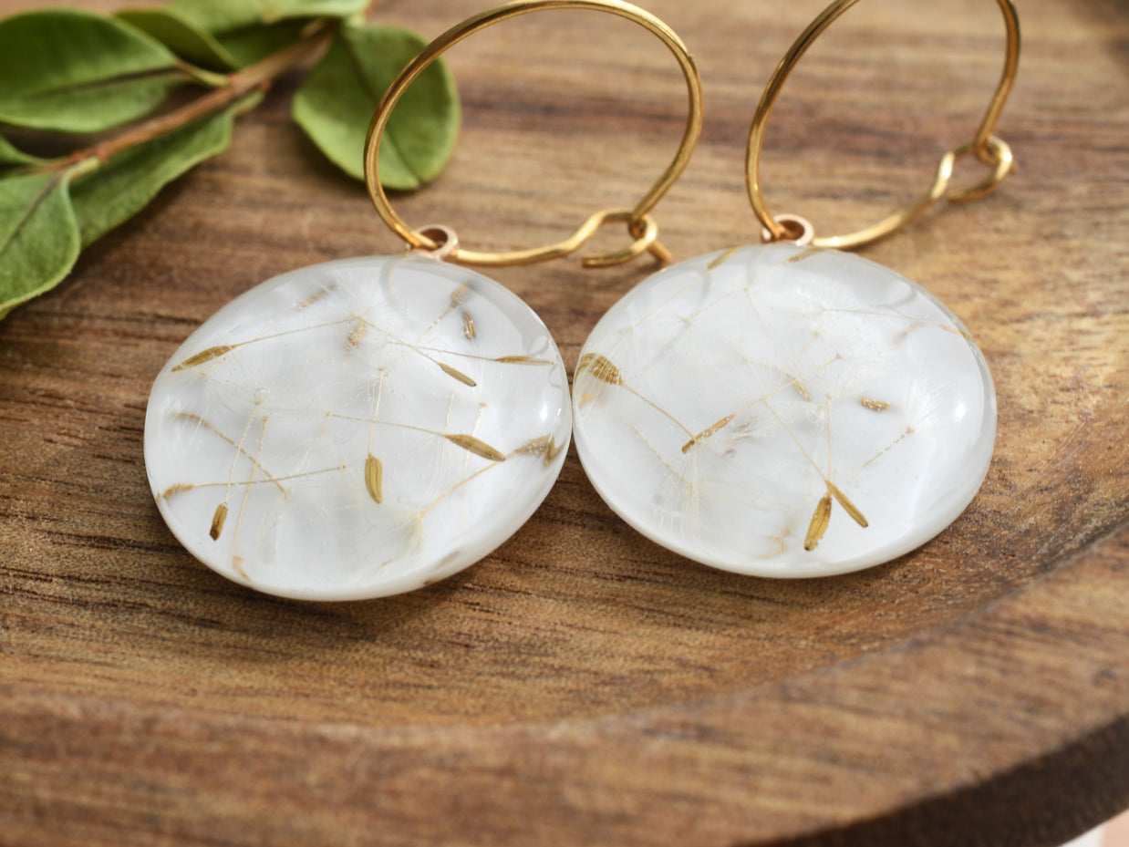 Handmade resin earrings with real dandelion seeds on gold hoops, botanical jewelry gift for nature lovers