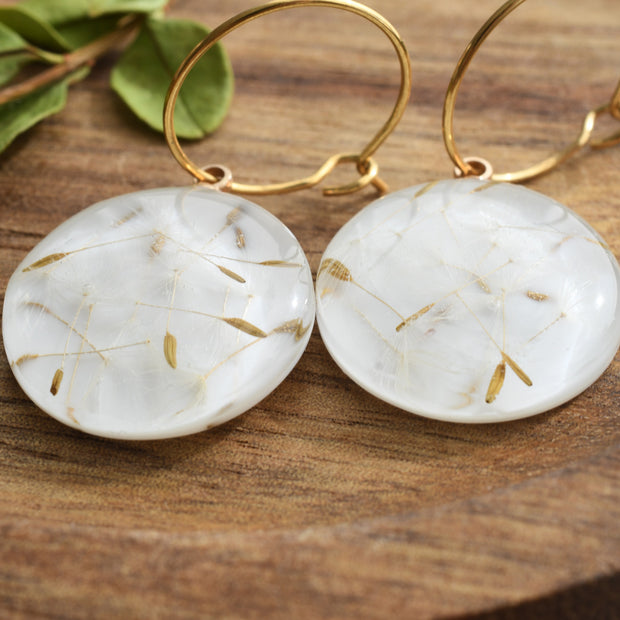 Handmade resin earrings with real dandelion seeds on gold hoops, botanical jewelry gift for nature lovers