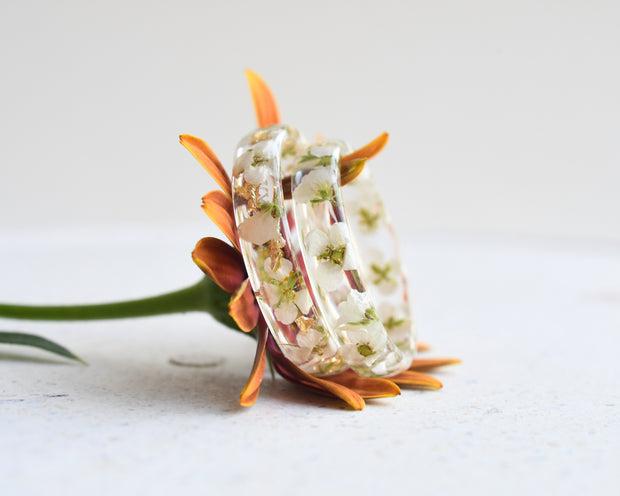 Botanical resin band handmade with white blossoms