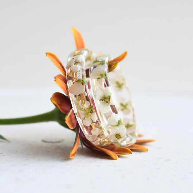 Botanical resin band handmade with white blossoms