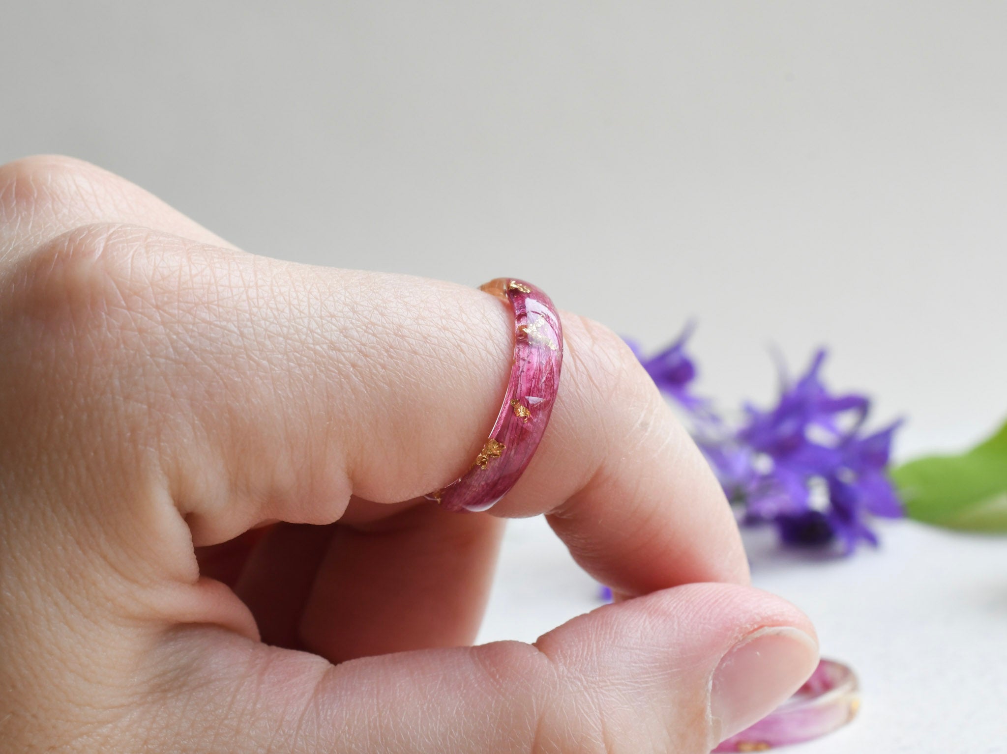 Tulip Bloom Ring with real tulip petal preserved in resin — handcrafted botanical jewelry by Resity