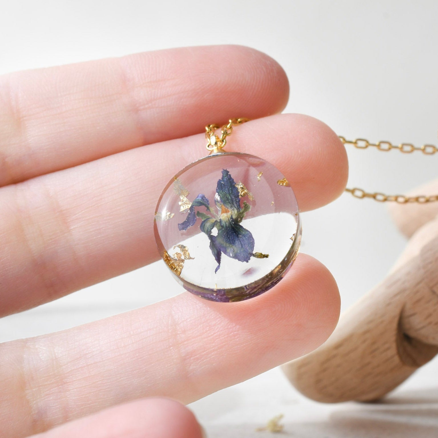 Violet resin pendant necklace with gold filled or sterling silver chain — handmade botanical jewelry