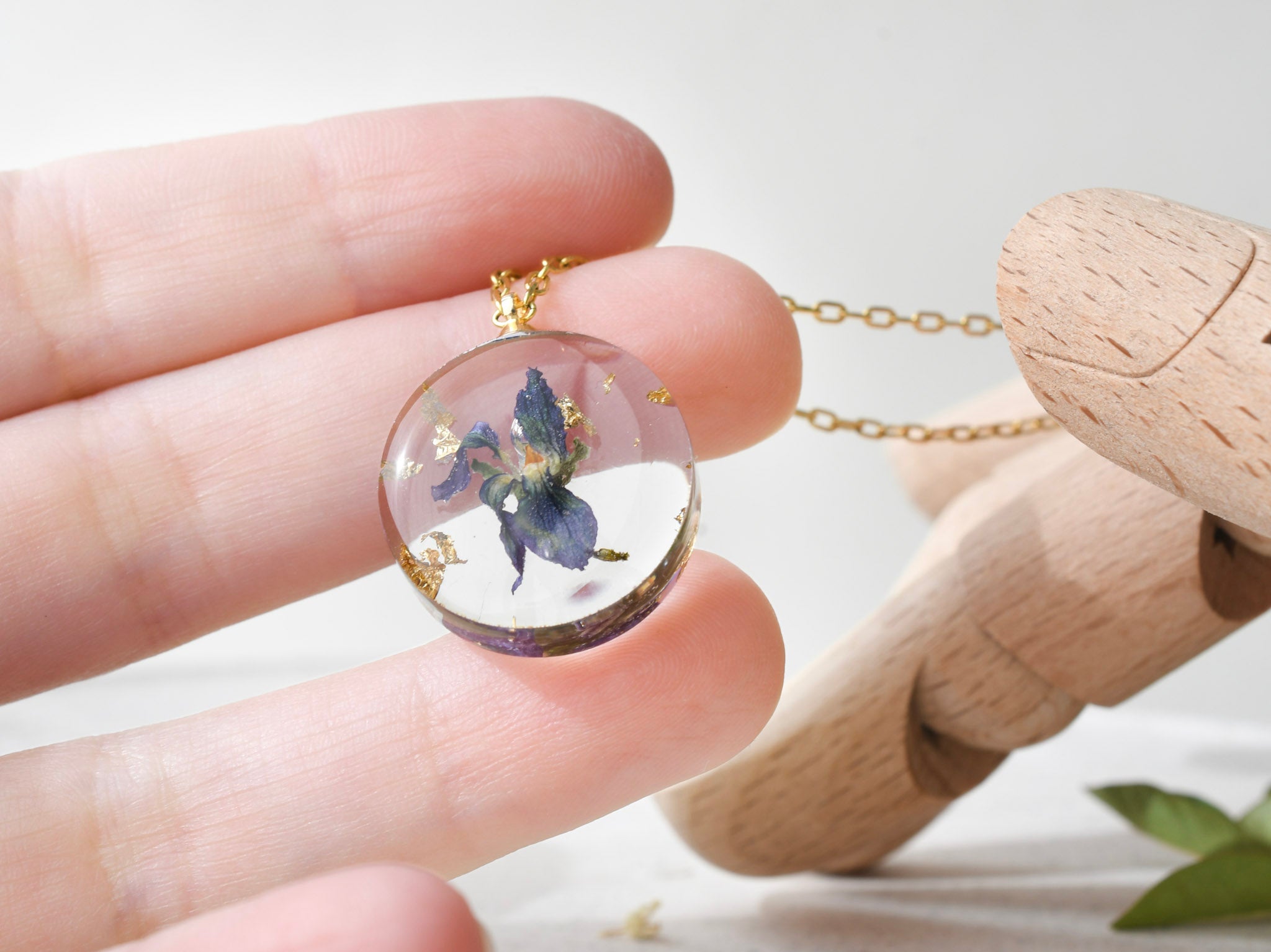 Violet resin pendant necklace with gold filled or sterling silver chain — handmade botanical jewelry