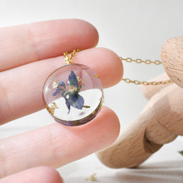 Violet resin pendant necklace with gold filled or sterling silver chain — handmade botanical jewelry