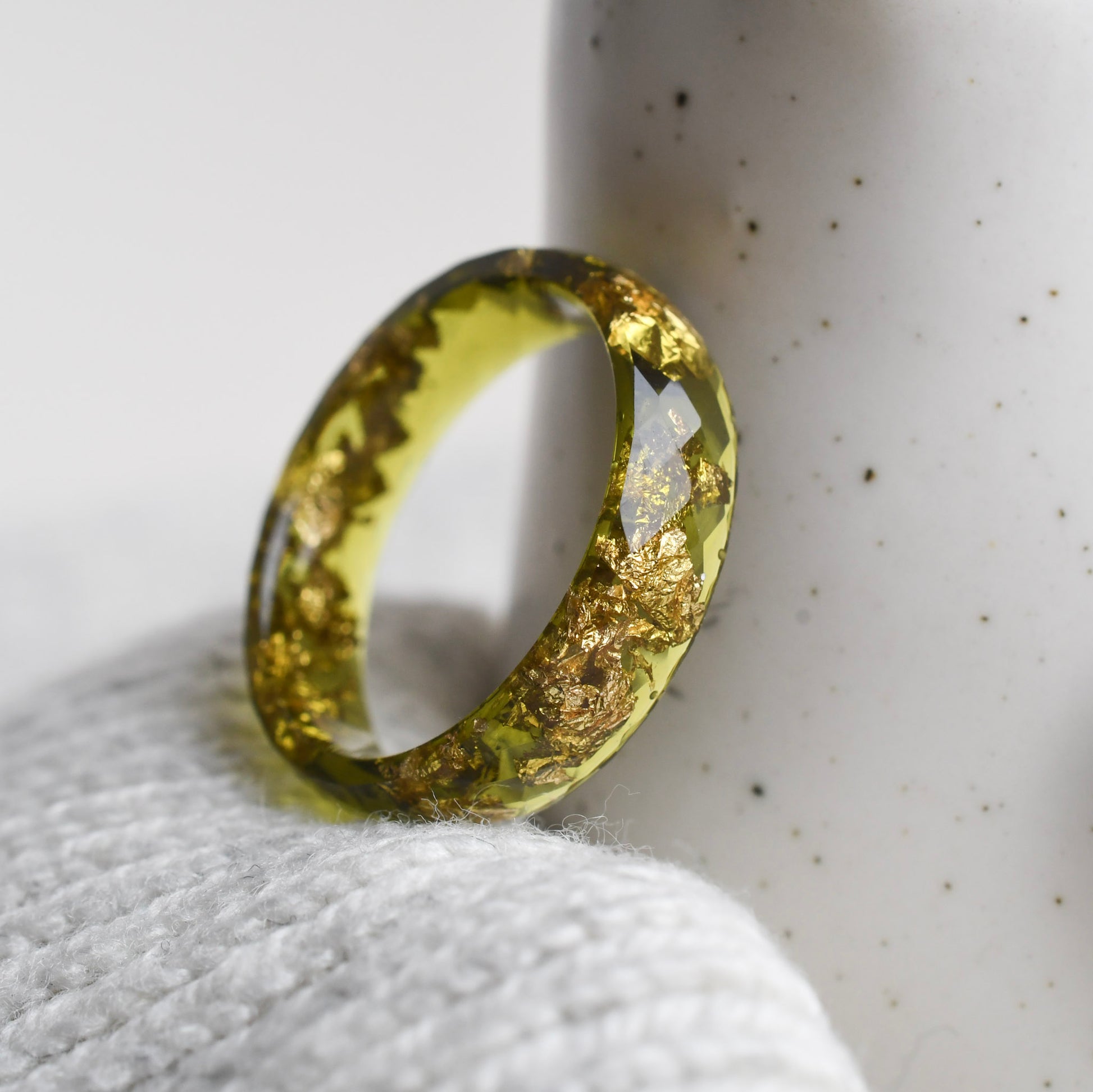 Handmade citrus yellow resin ring with metallic gold leaf by Resity Vienna