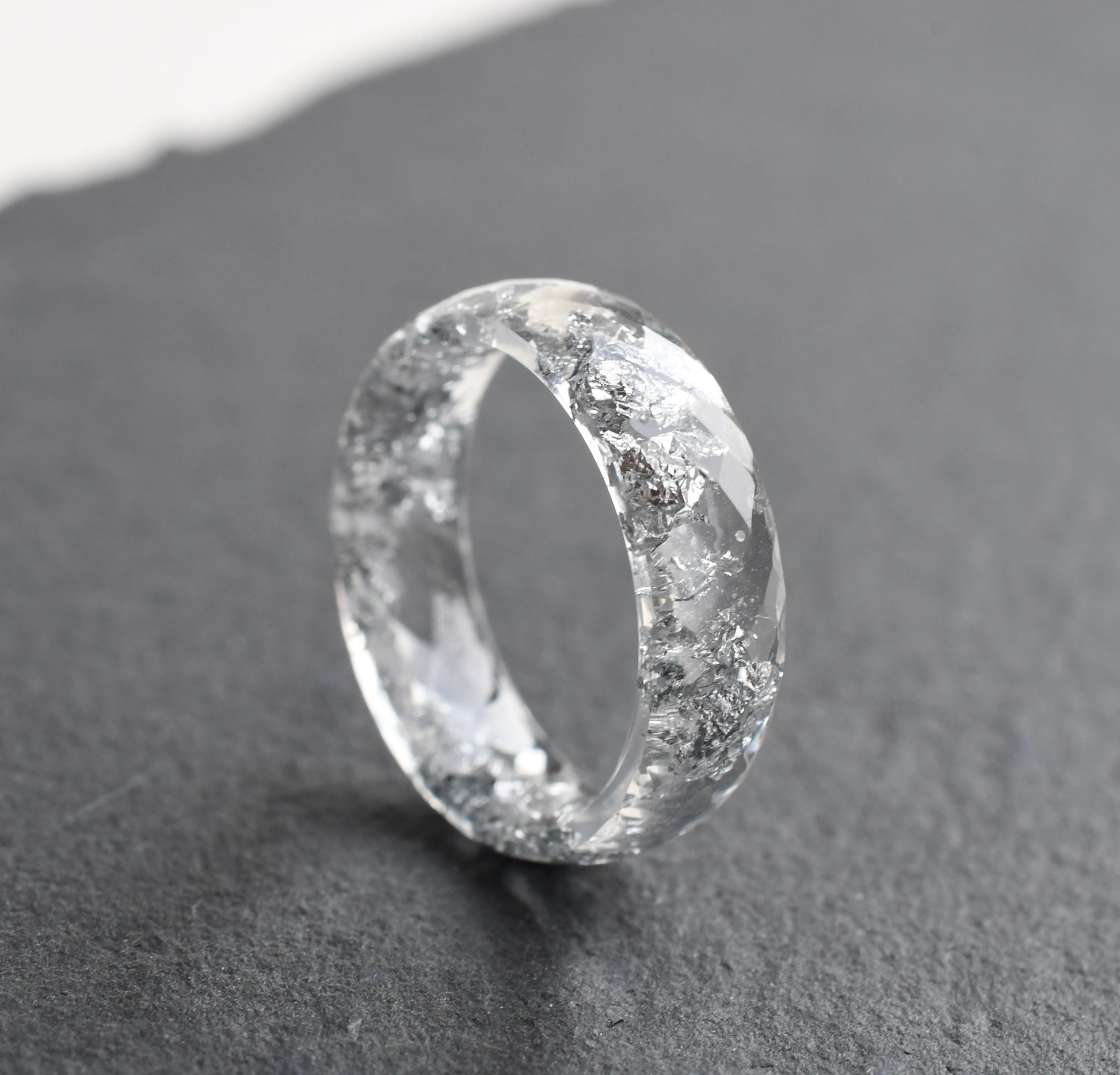 clear resin ring with silver flakes