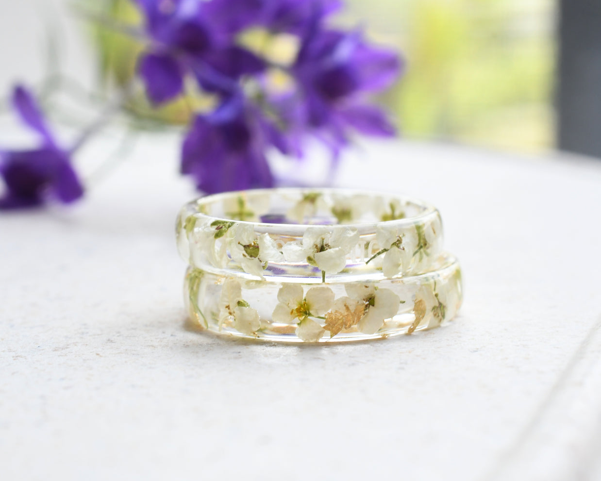 Dainty alyssum resin ring, minimalist floral jewelry