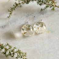 Round clear resin earrings with real dandelion seeds — nature-inspired jewelry