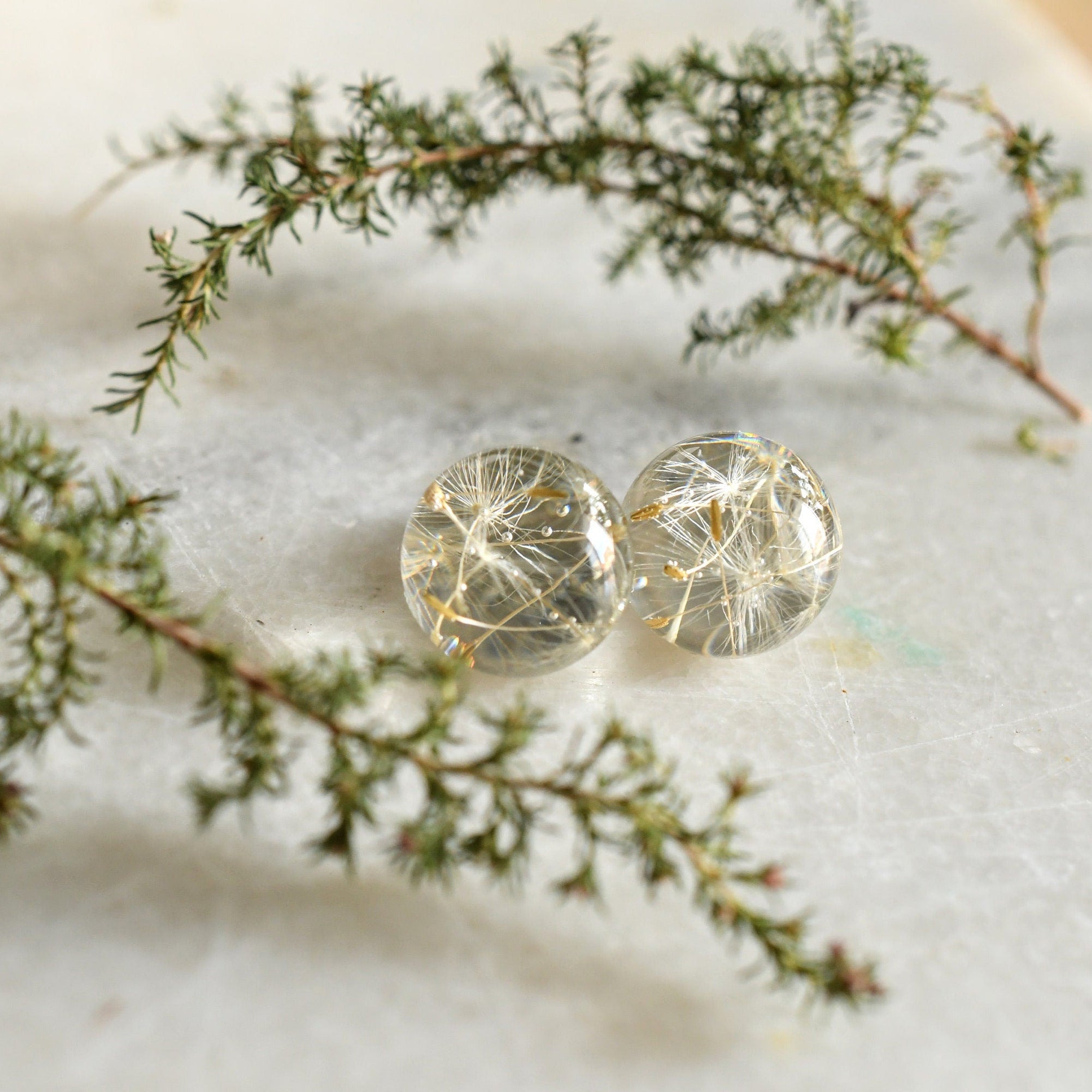 Close-up of real dandelion seeds in clear resin handmade earrings