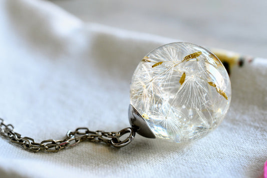 Handmade dandelion seed necklace in clear resin