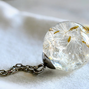 Handmade dandelion seed necklace in clear resin
