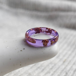 Purple thin stacking resin ring with metallic rose gold flakes — modern minimalist jewelry