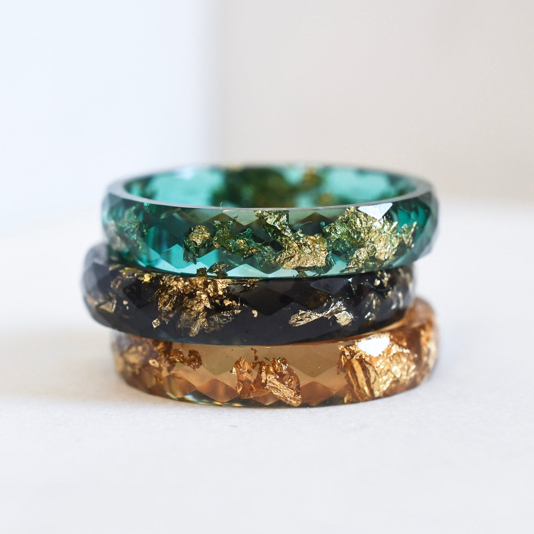 green black and amber resin 3 ring stack with gold flakes handmade in Vienna