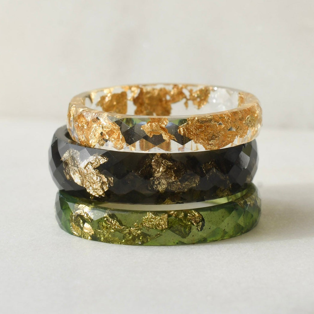 Handmade moss green resin ring with metallic gold leaf by Resity Vienna