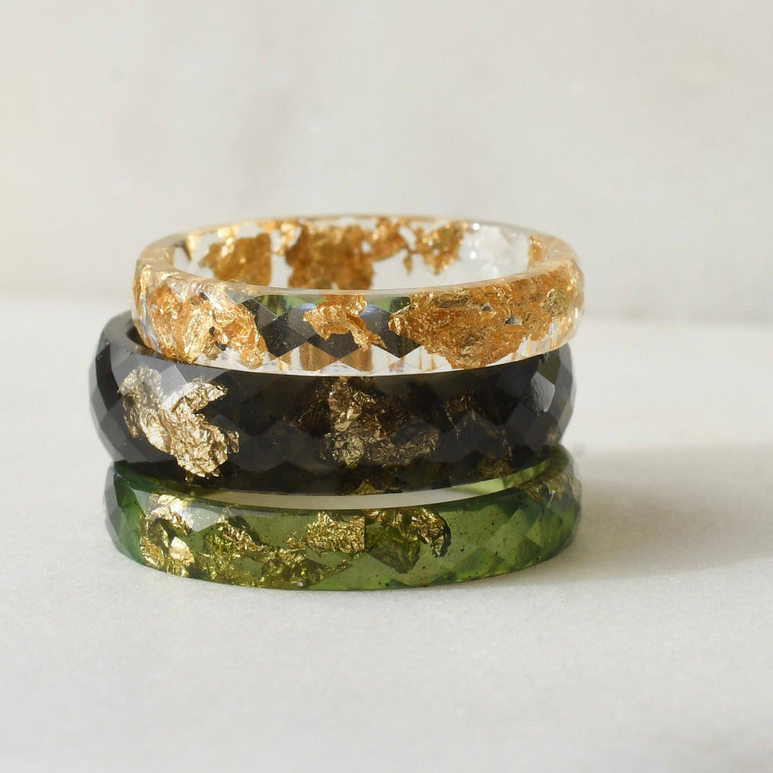 Faceted black minimalist stacking ring made from resin