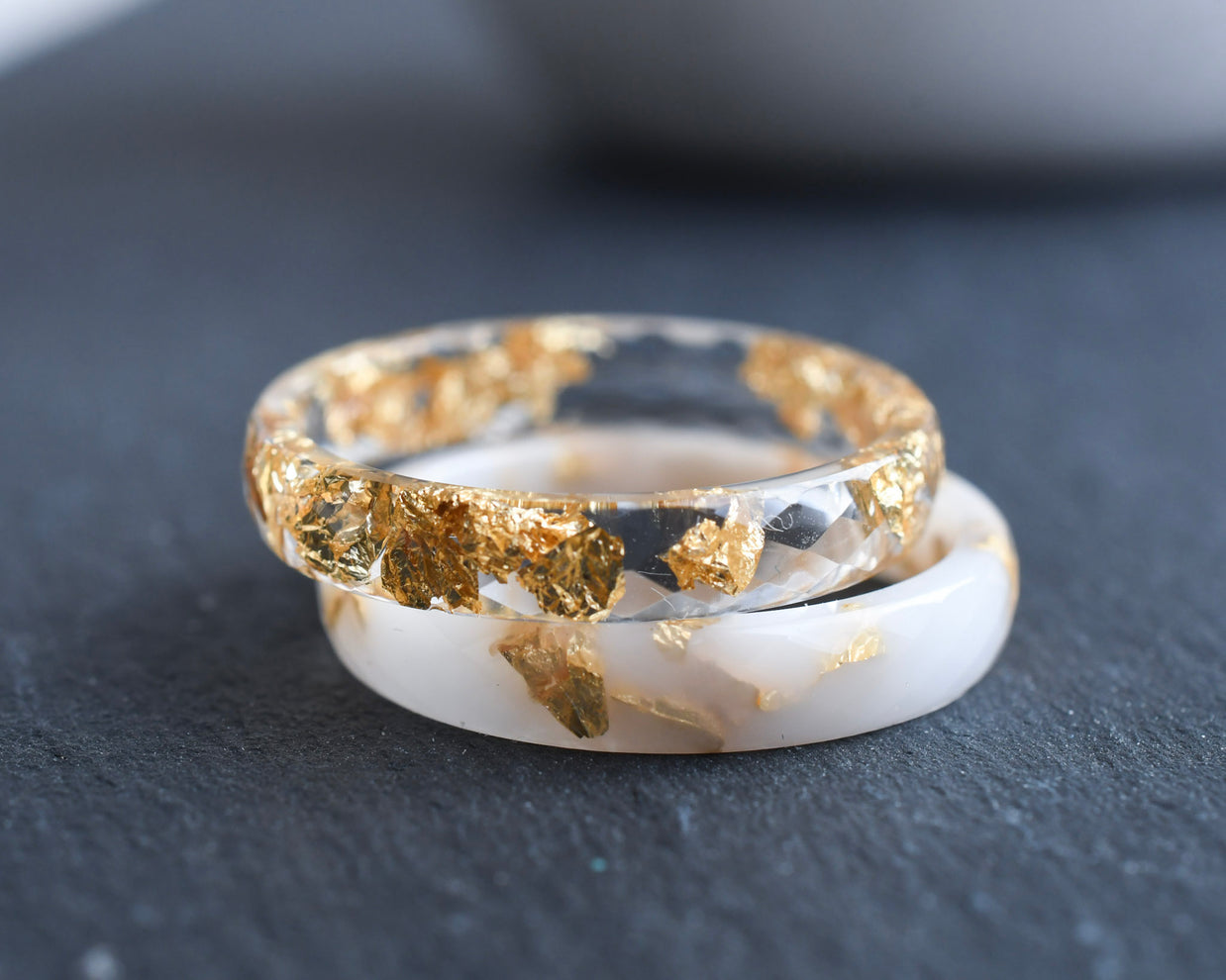 Faceted thin resin ring set with metallic gold flakes — handcrafted in Austria by Resity