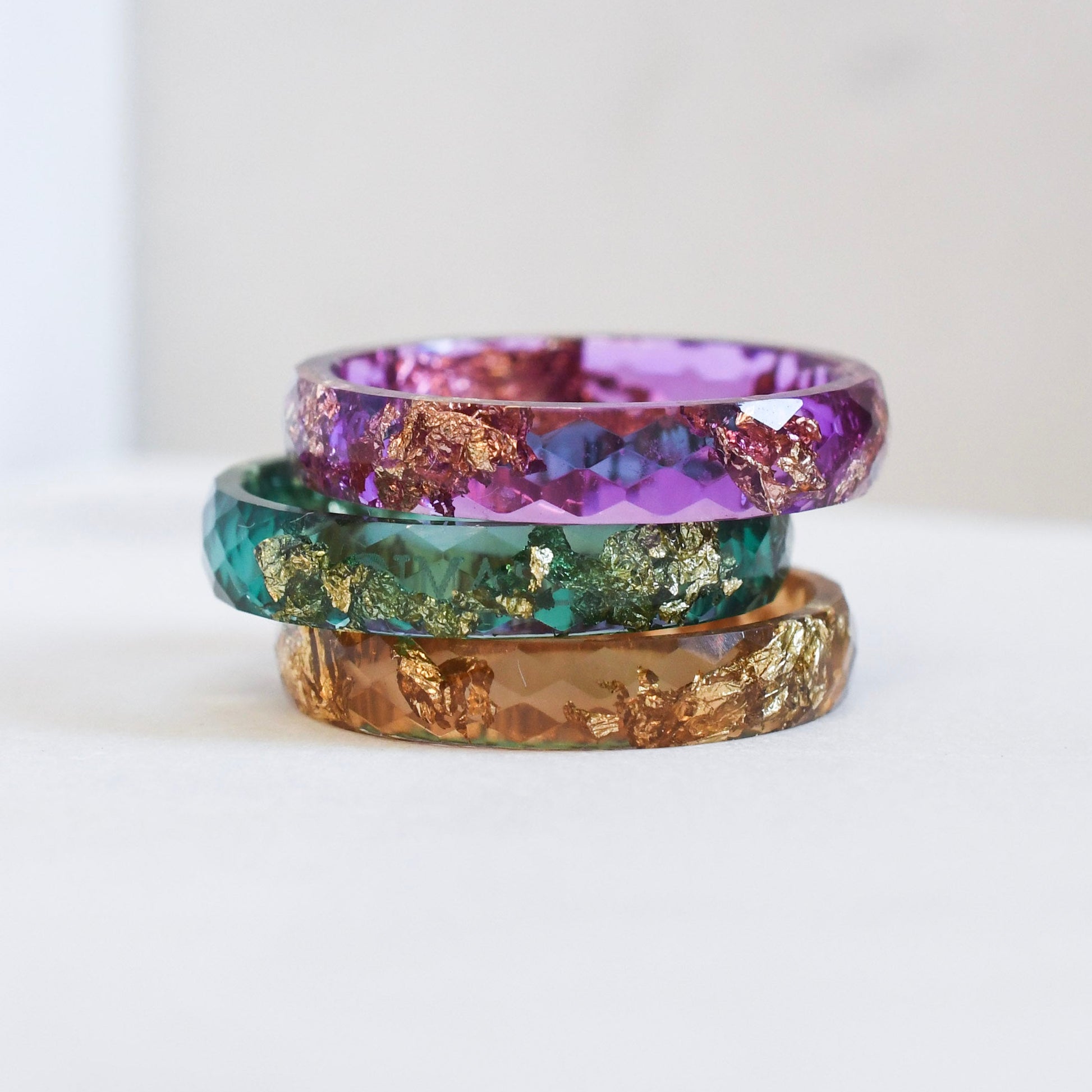 Faceted violet minimalist stacking ring with gold leaf