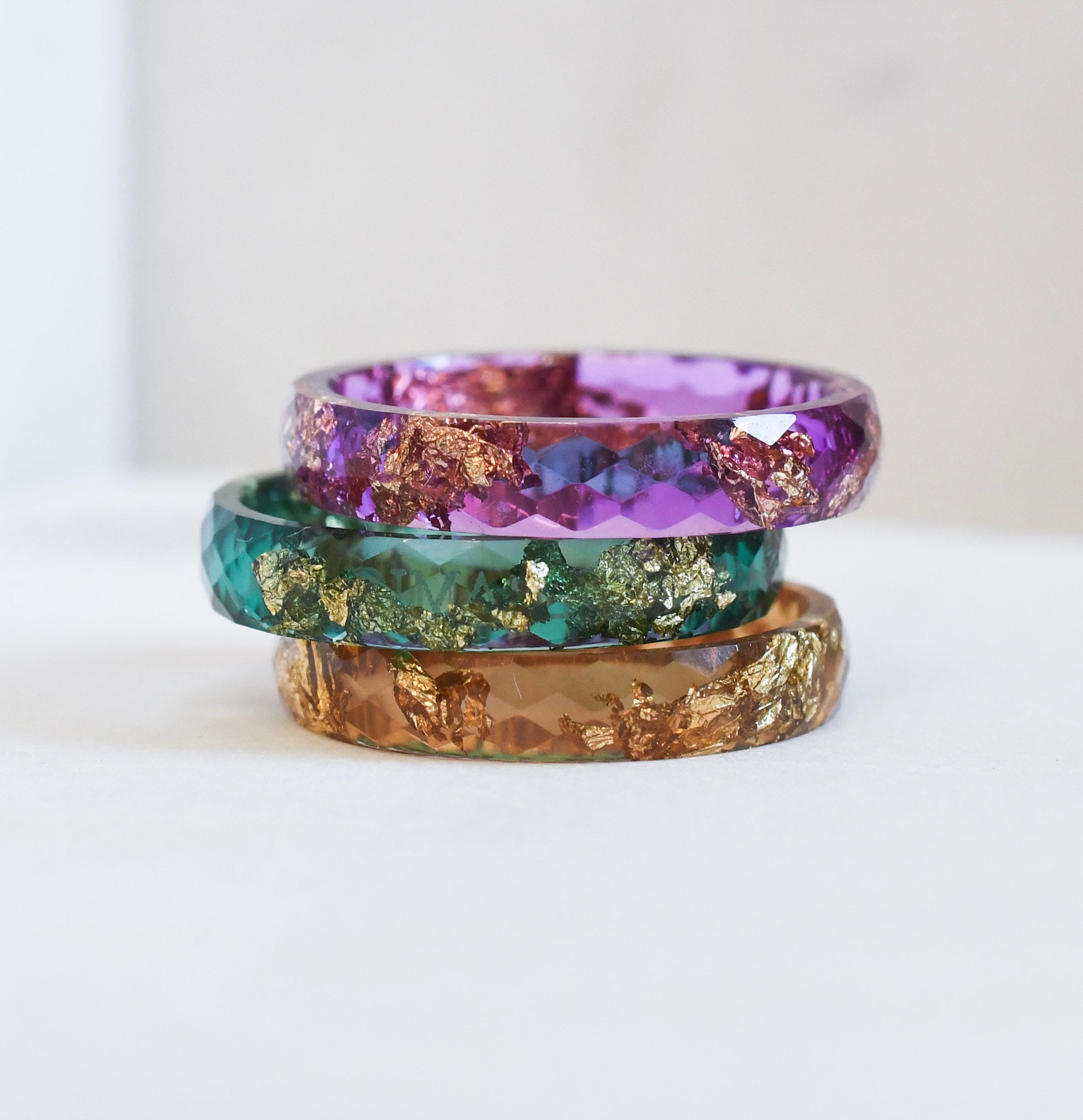 Faceted violet minimalist stacking ring with gold leaf