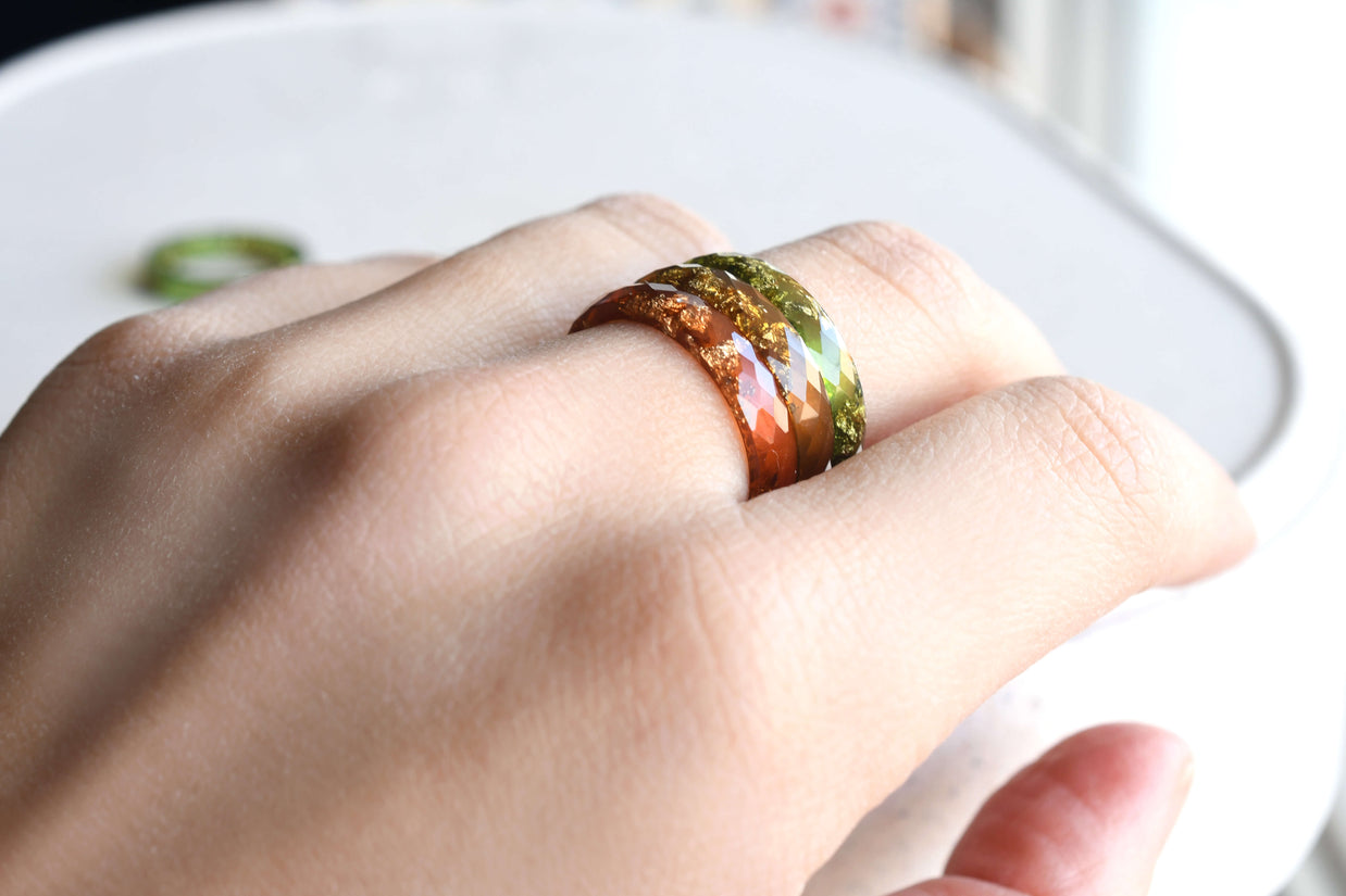 Resin ring with metallic gold flakes nature inspired