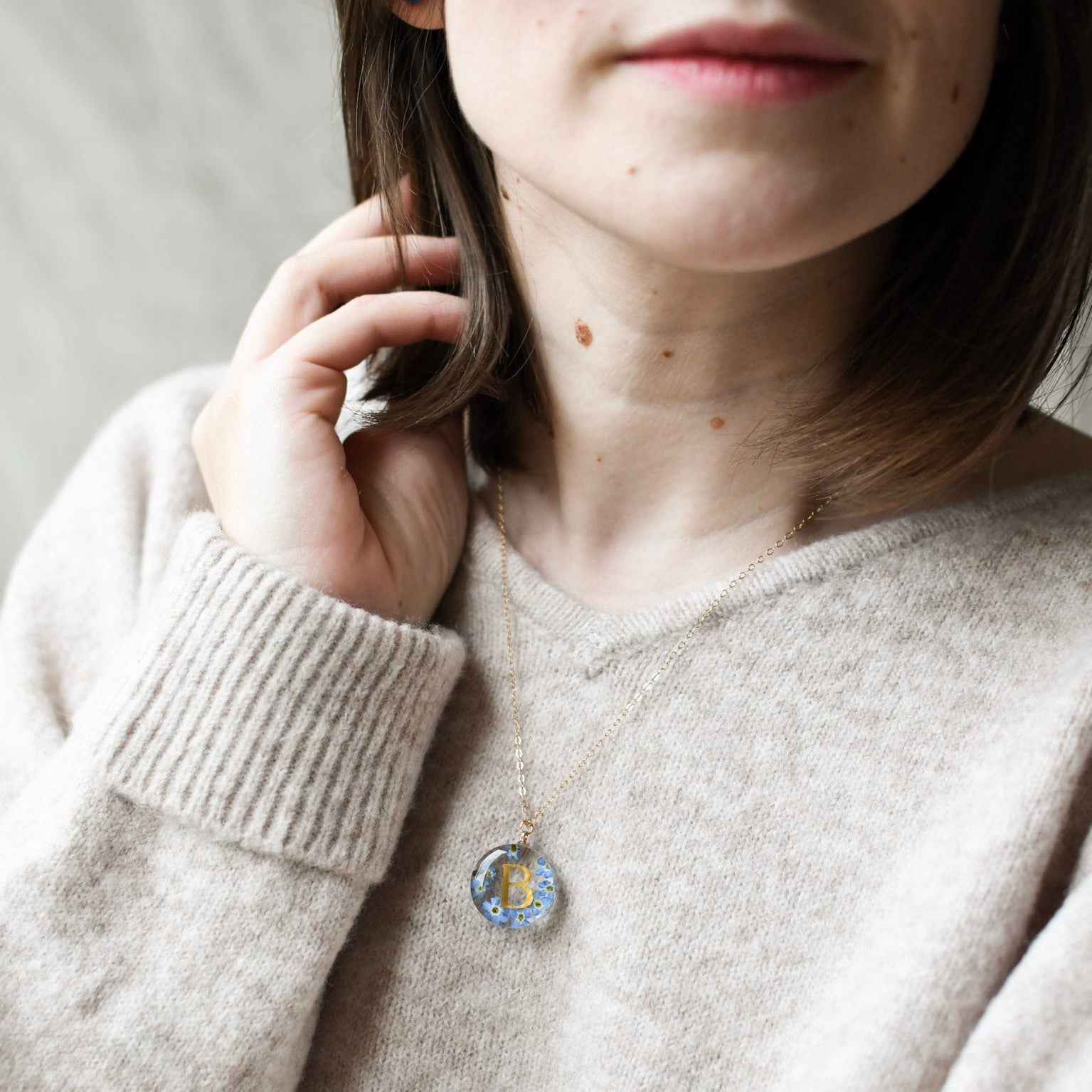 Blue Whisper Initial – Forget-Me-Not Resin Necklace