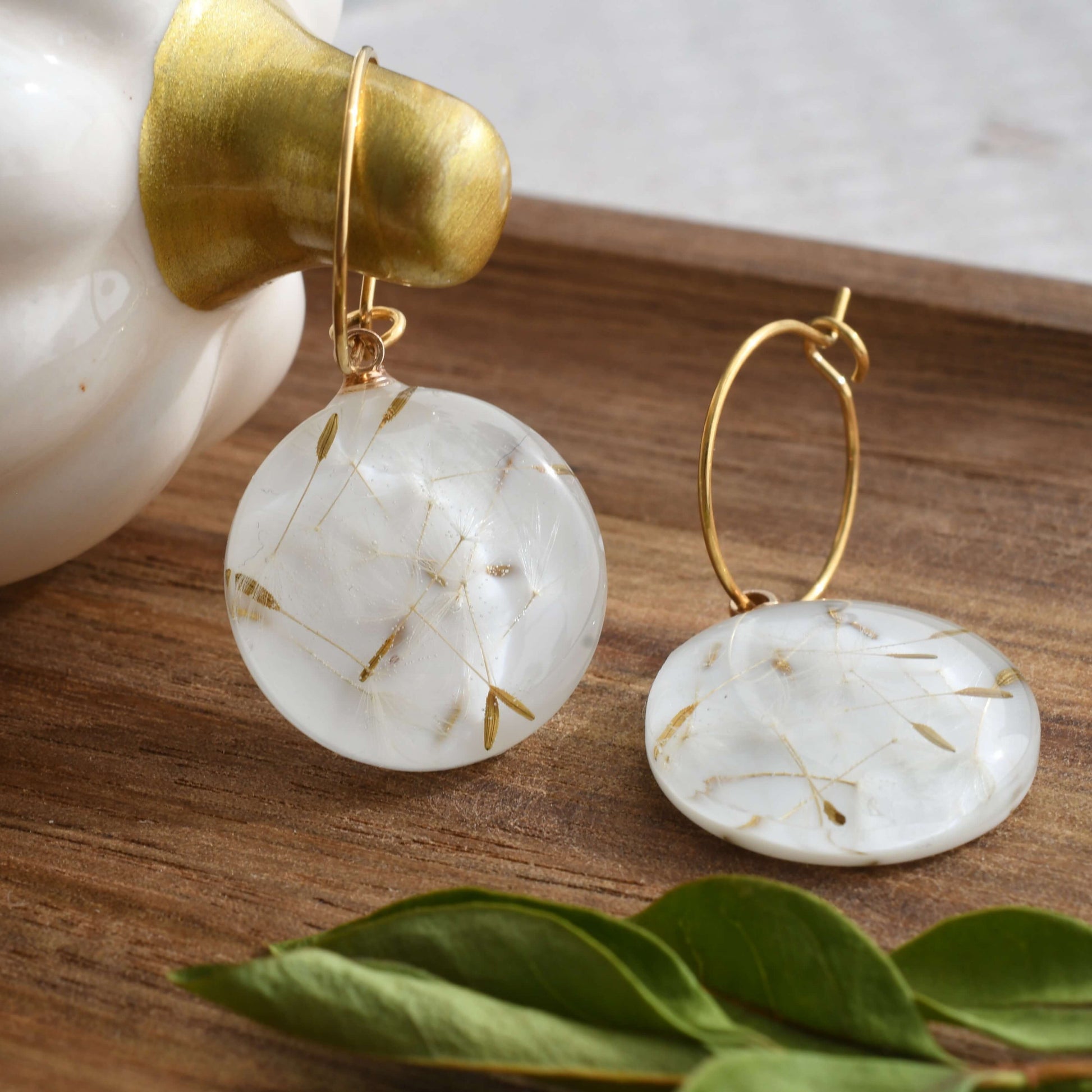 Wishbound Hoops dandelion seed resin earrings gold filled hoops