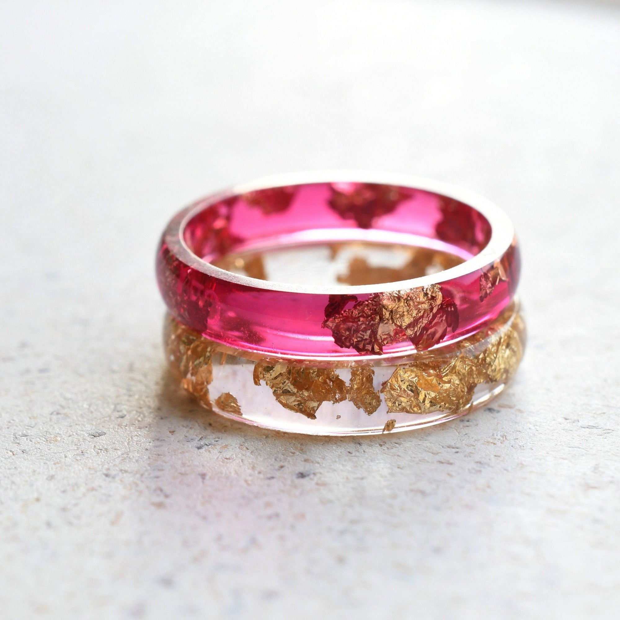 Stacking resin ring set with gold leaf and cherry red band