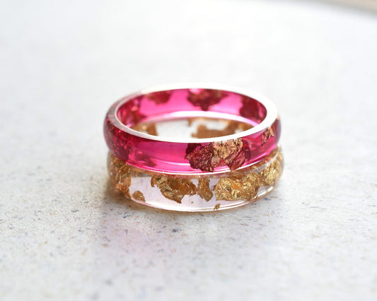 Stacking resin ring set with gold leaf and cherry red band