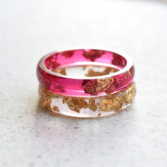 Stacking resin ring set with gold leaf and cherry red band