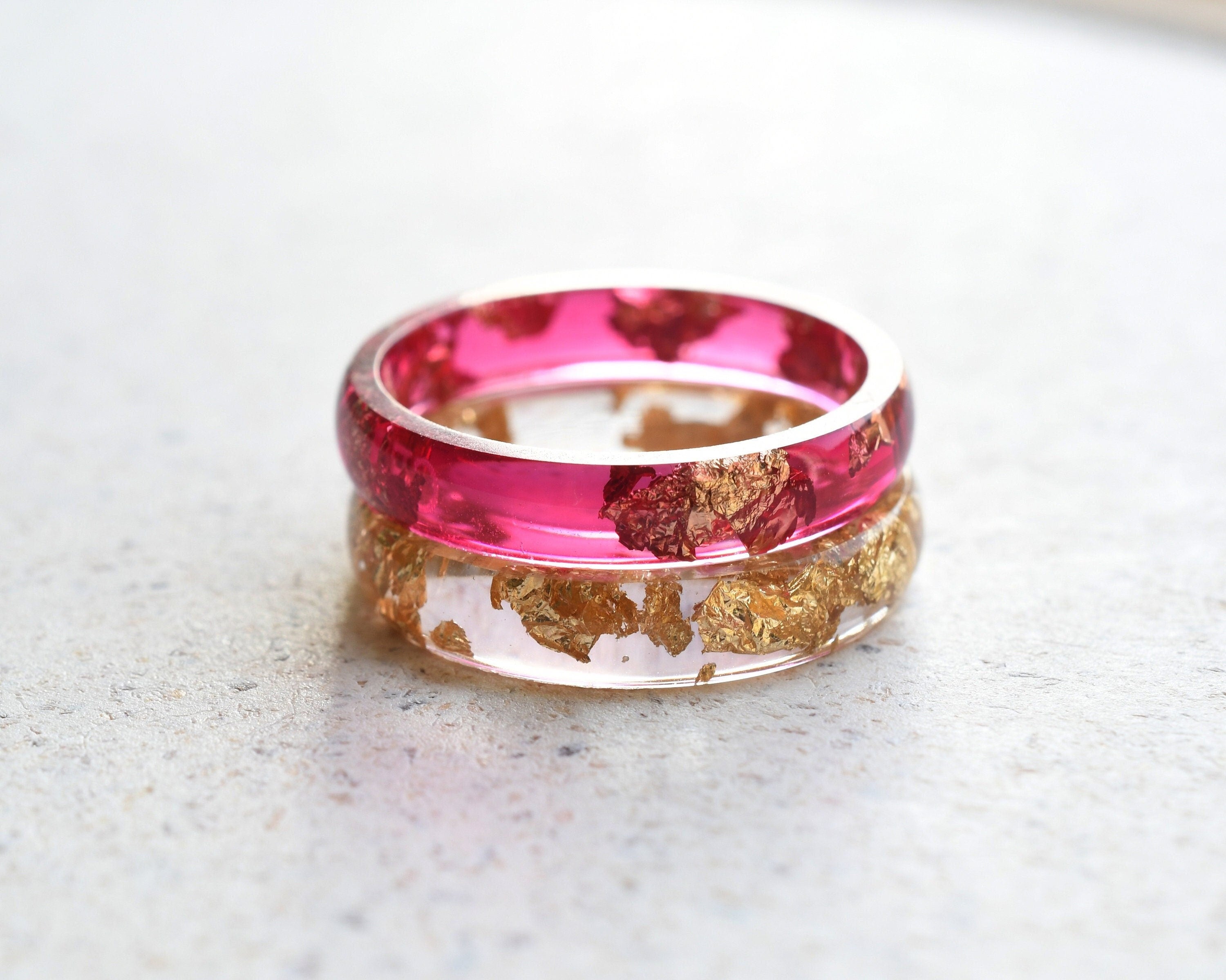 Stacking resin ring set with gold leaf and cherry red band