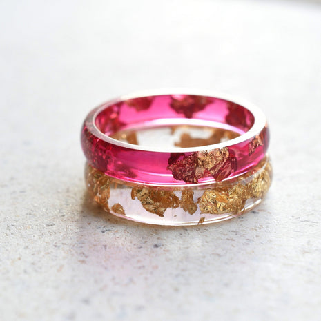 Stacking resin ring set with gold leaf and cherry red band
