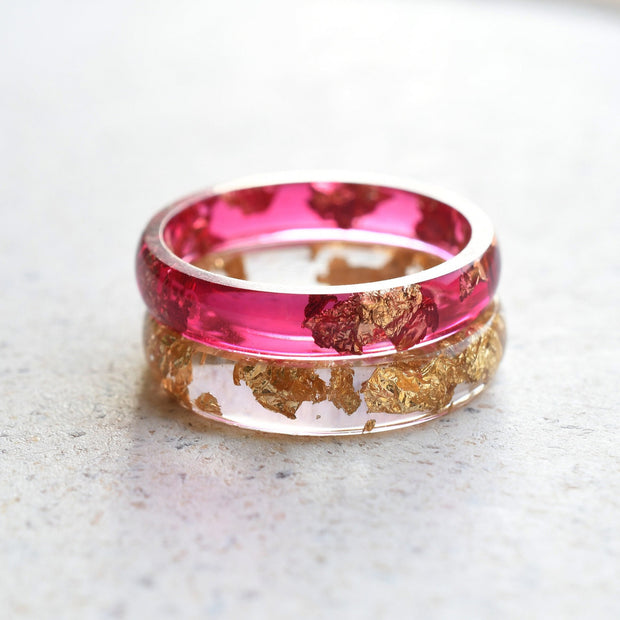 Stacking resin ring set with gold leaf and cherry red band