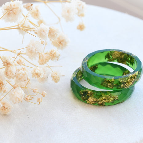 Smooth green resin ring with shimmering gold flakes — bold handmade jewelry