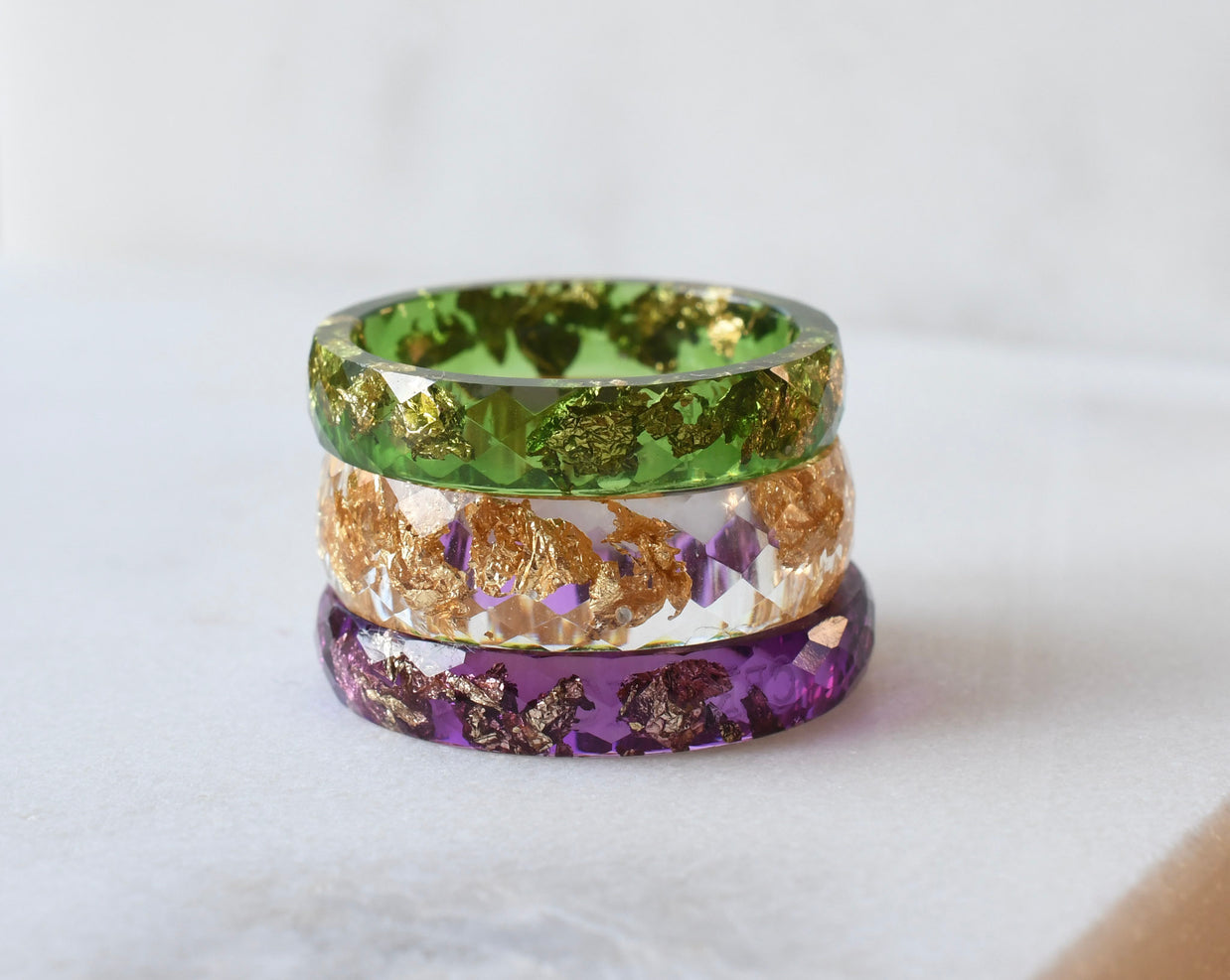 Faceted moss green minimalist stacking ring with gold leaf