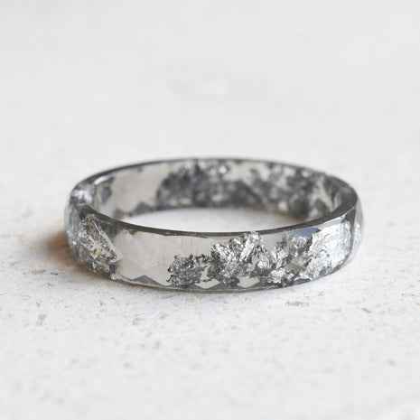 Slim faceted grey resin ring with silver flakes minimalist jewelry