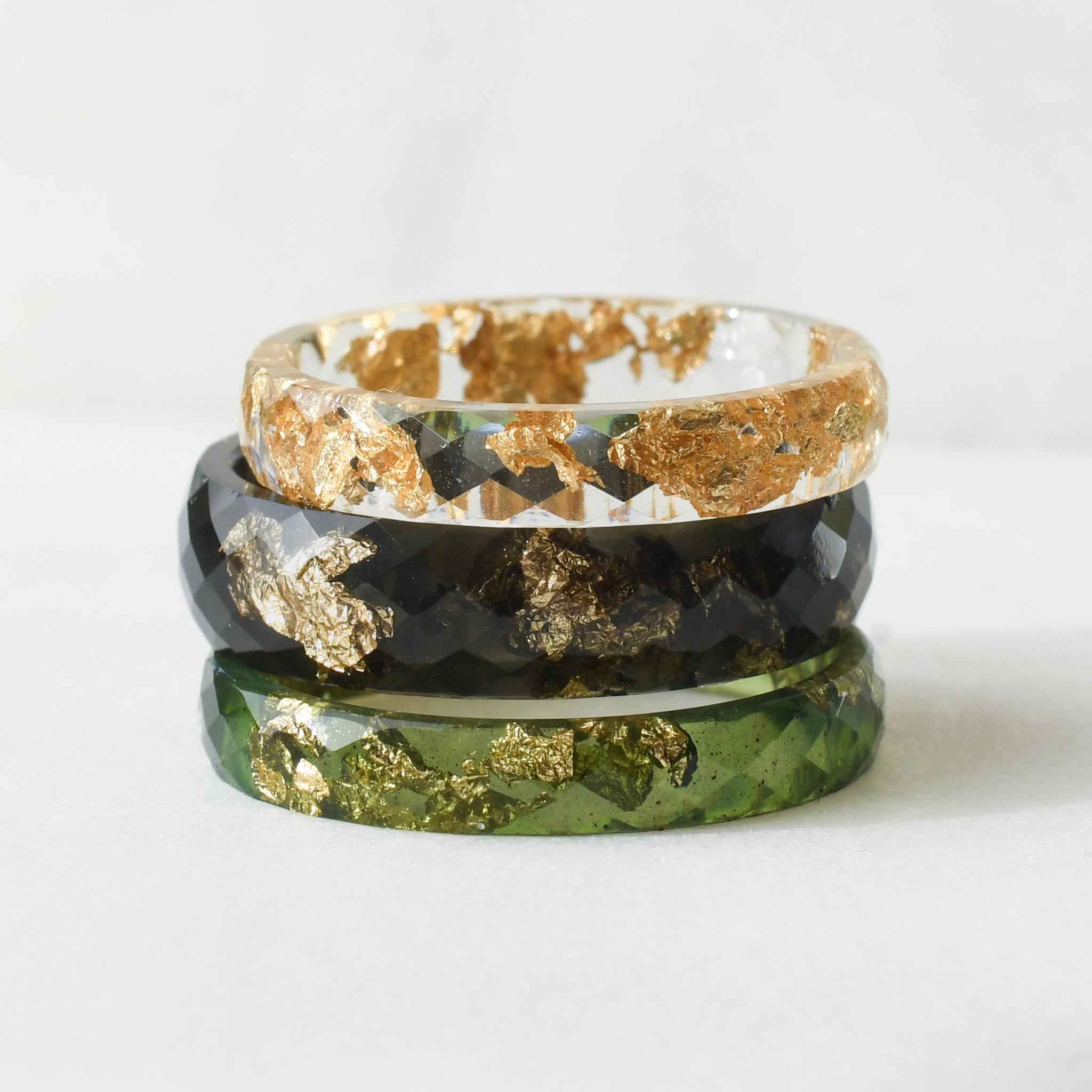 green black and clear resin 3 ring stack with gold flakes handmade in Vienna