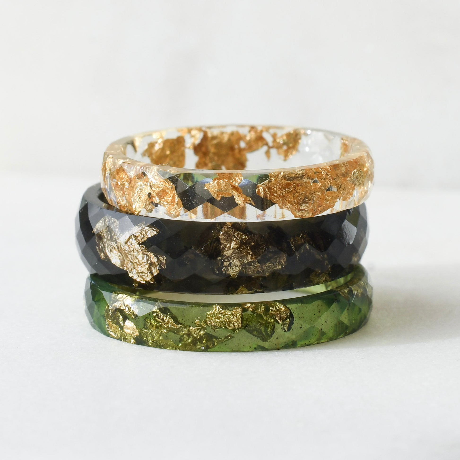 green black and clear resin 3 ring stack with gold flakes handmade in Vienna